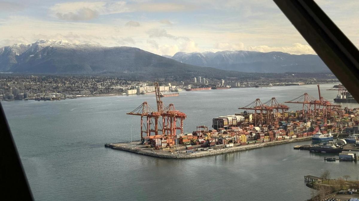 an aerial view of a harbor with cranes