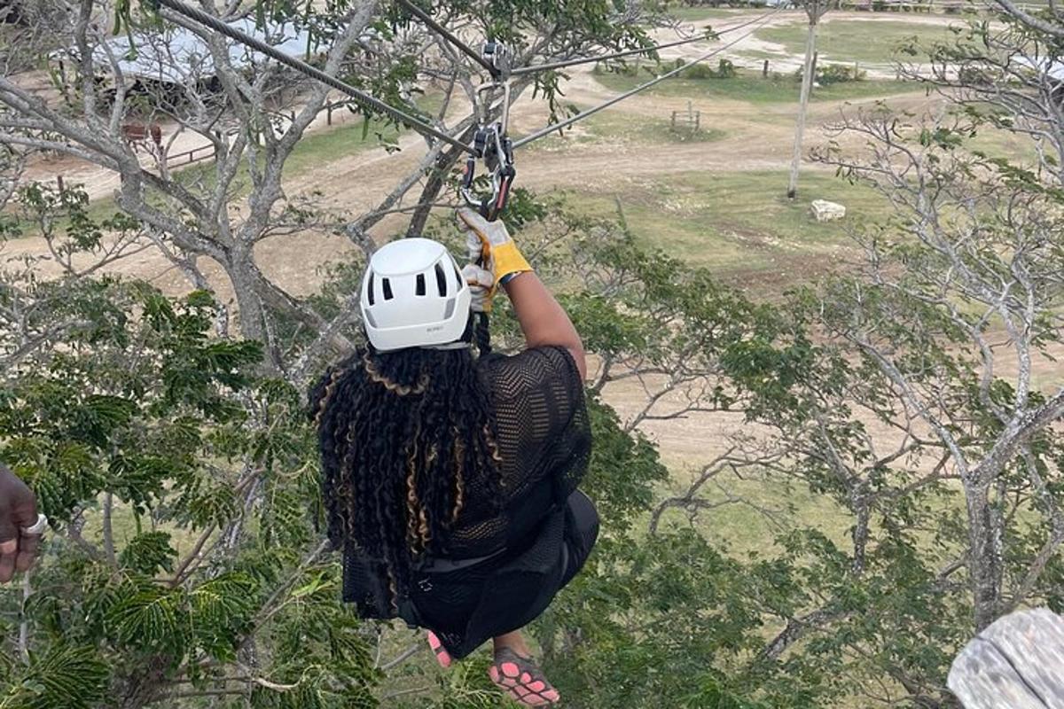 una donna con un casco appesa a un albero