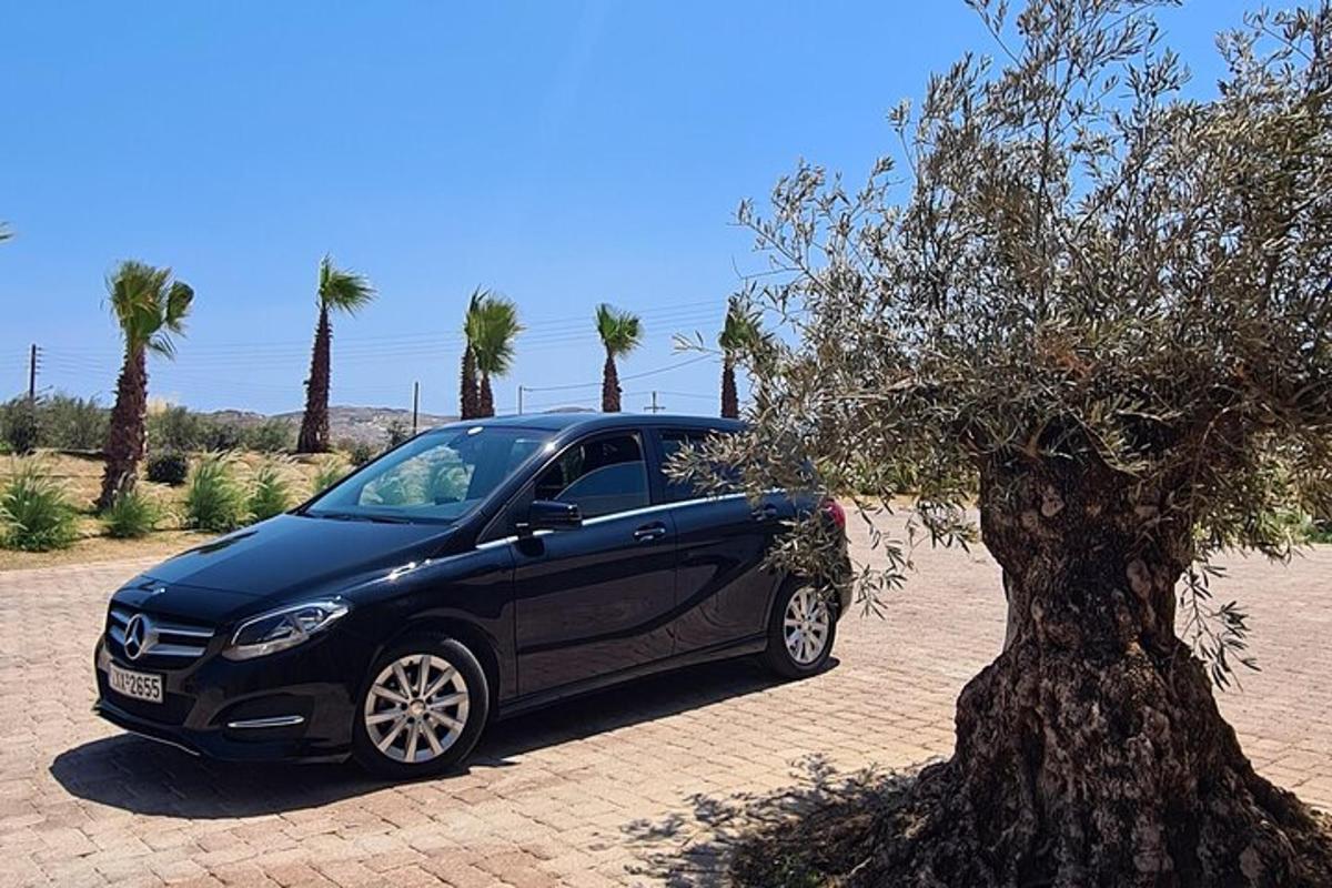 um carro preto estacionado ao lado de uma árvore