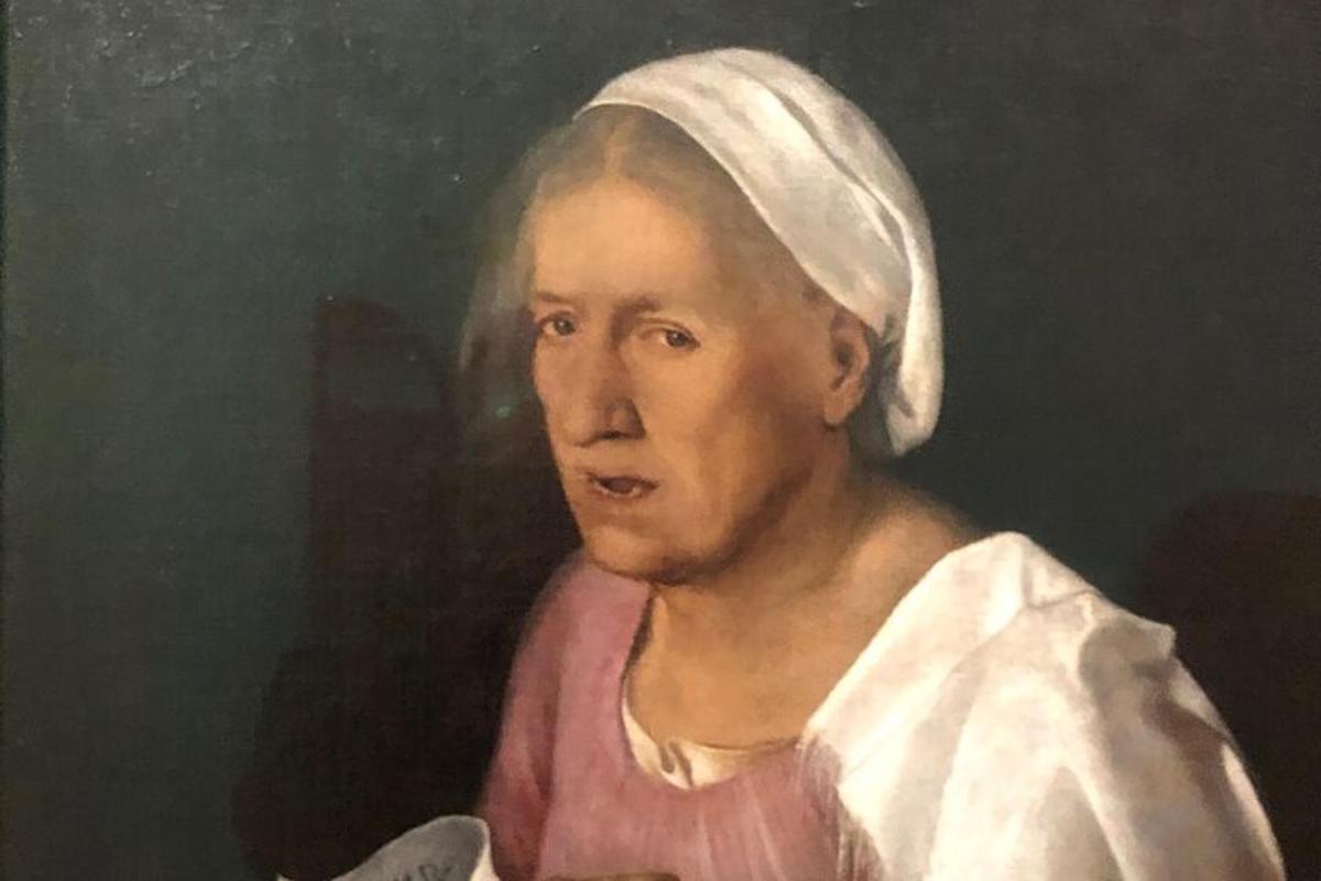 et maleri av en kvinne med et håndkle på hodet