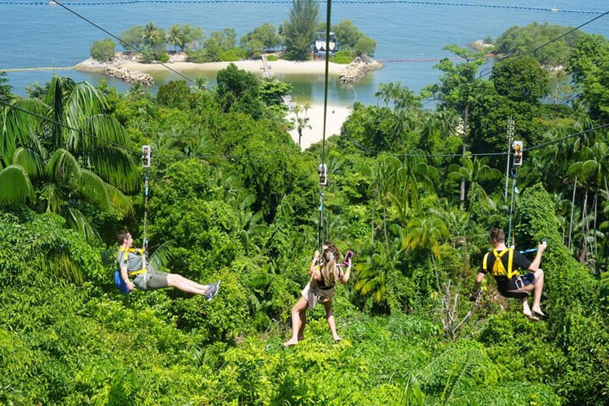 tři lidé na zip line v džungli