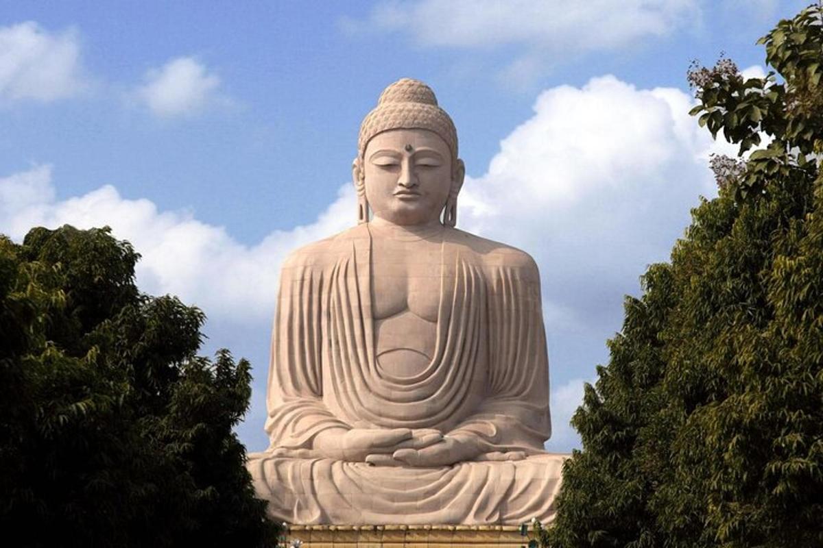 a large statue of aitating buddha in a park
