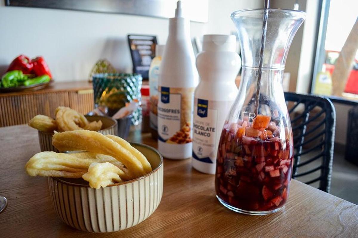 a table with a bowl of food and a vase