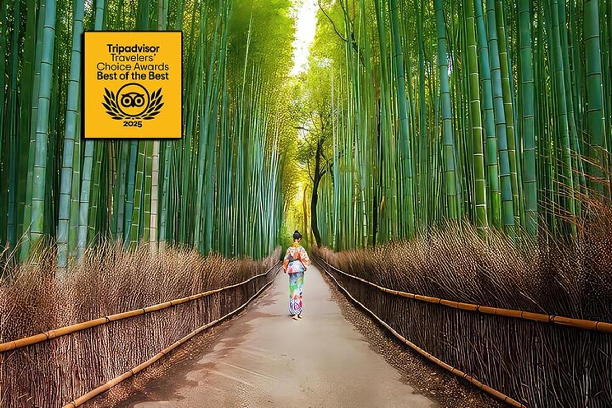 uma criança caminhando por um caminho através de uma floresta de bambu