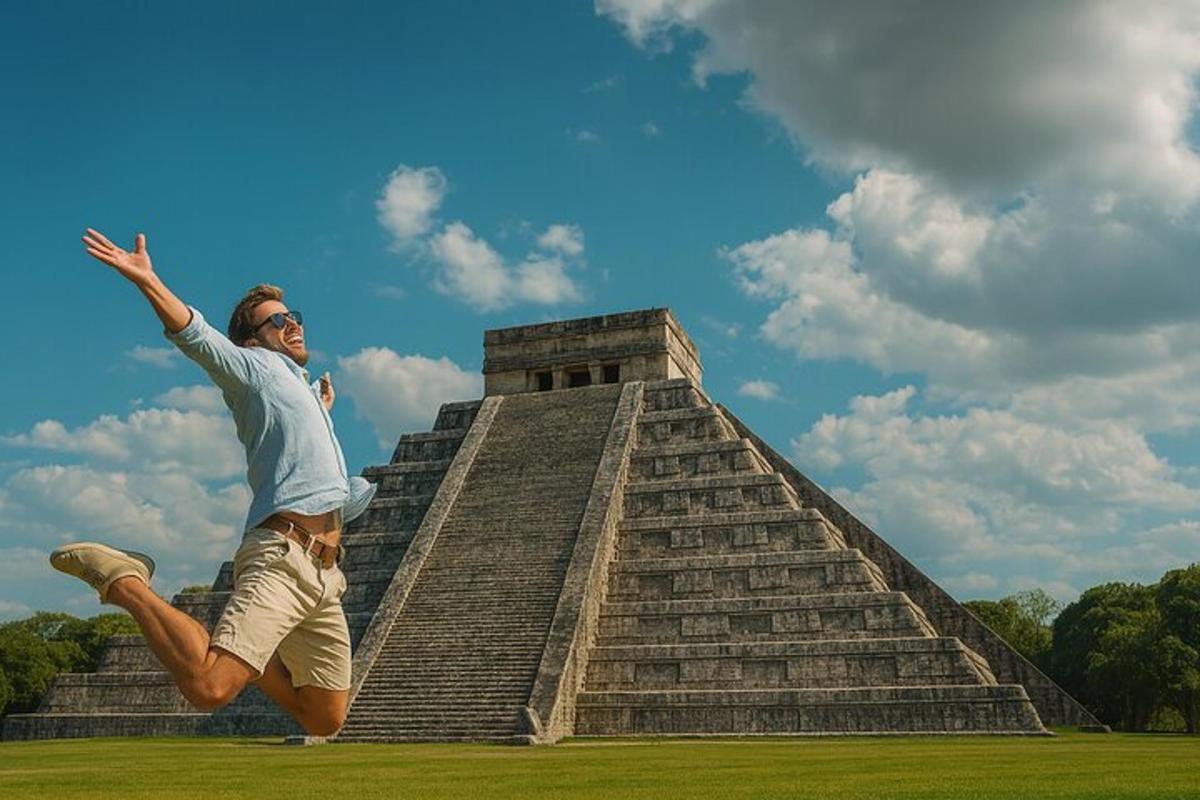 a man jumping in front of a pyramid
