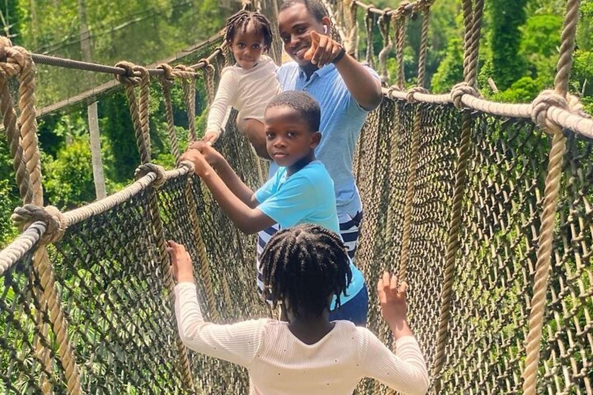 a group of people on a suspension bridge