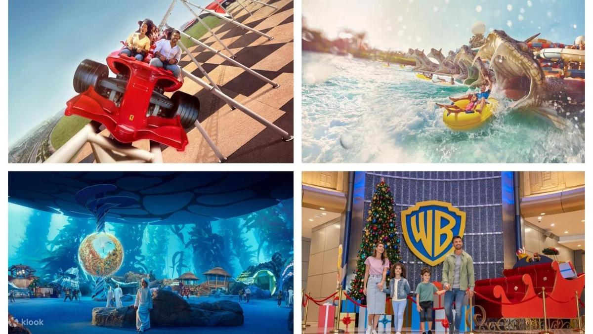 a collage of four pictures of a water park