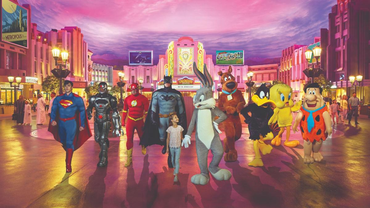 a painting of a group of superheroes walking down a street