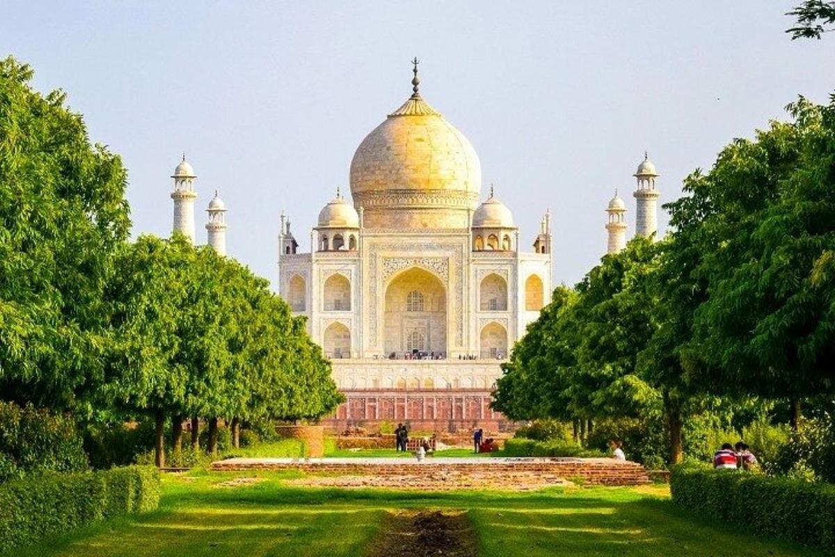 a view of the taj mahal with trees in front