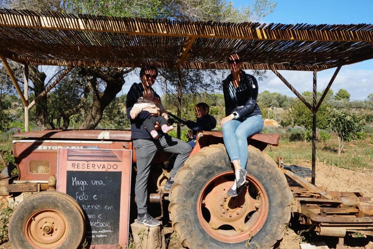 a group of three people riding on a tractor