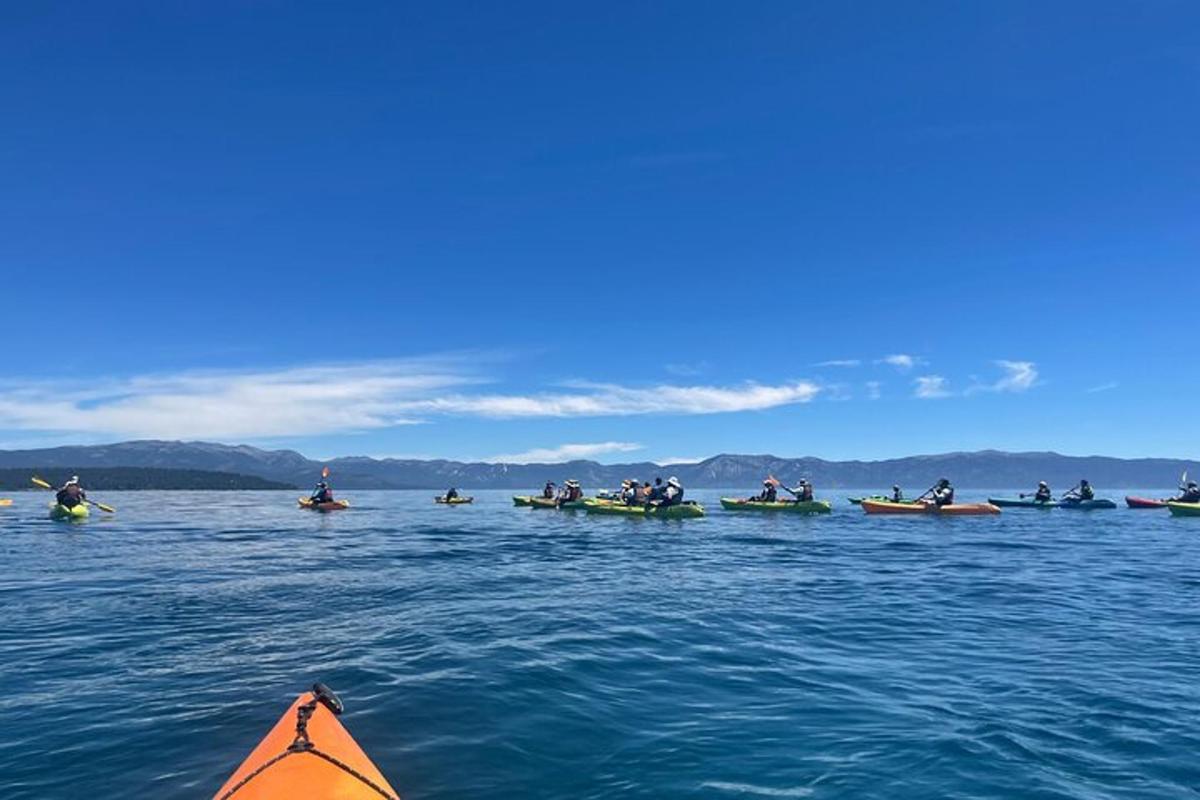 a group of people in kayaks on the water