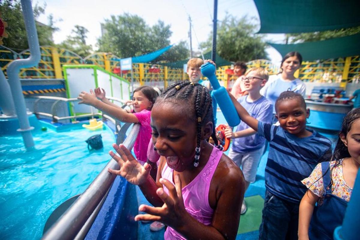 a group of children on a water slide at a water park