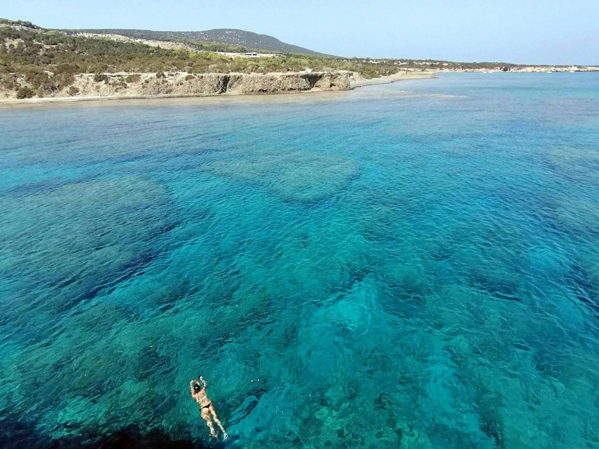 a person swimming in the water near a beach