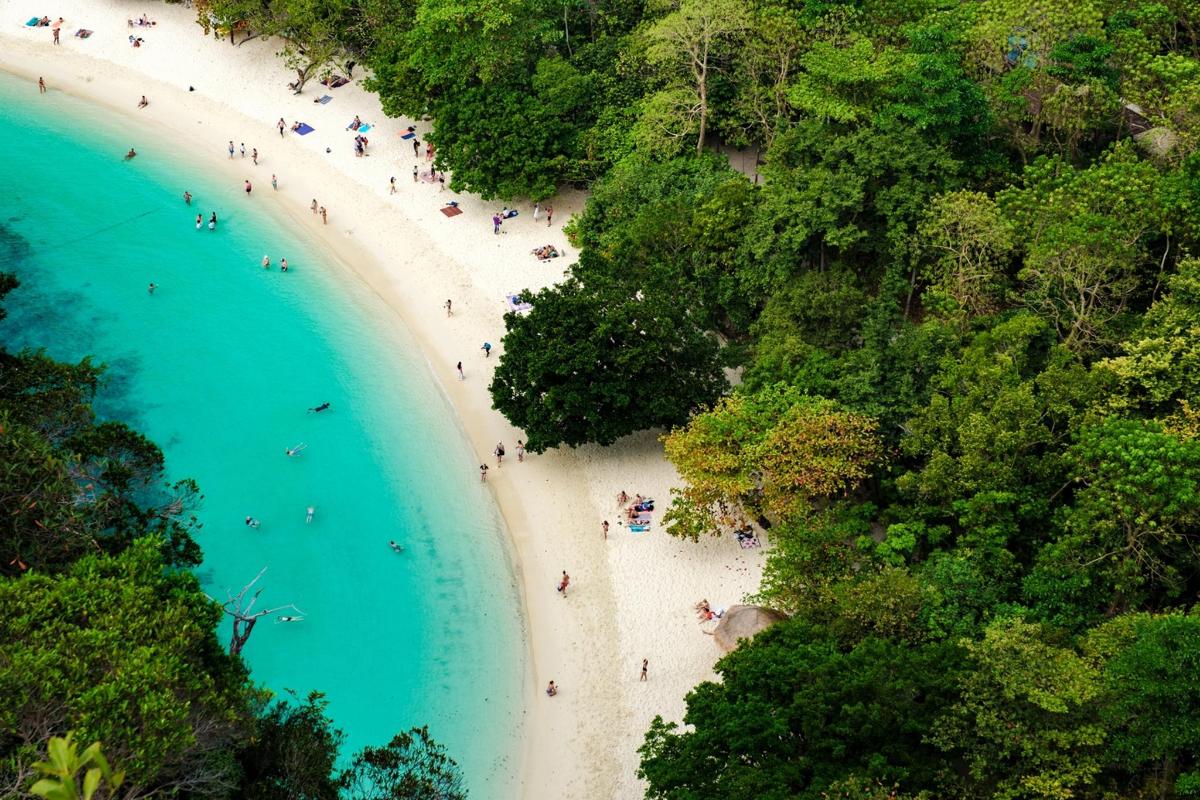 an aerial view of a beach with people on it