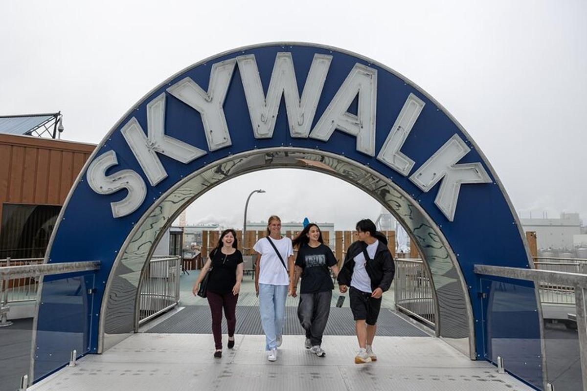 a group of people walking over a bridge