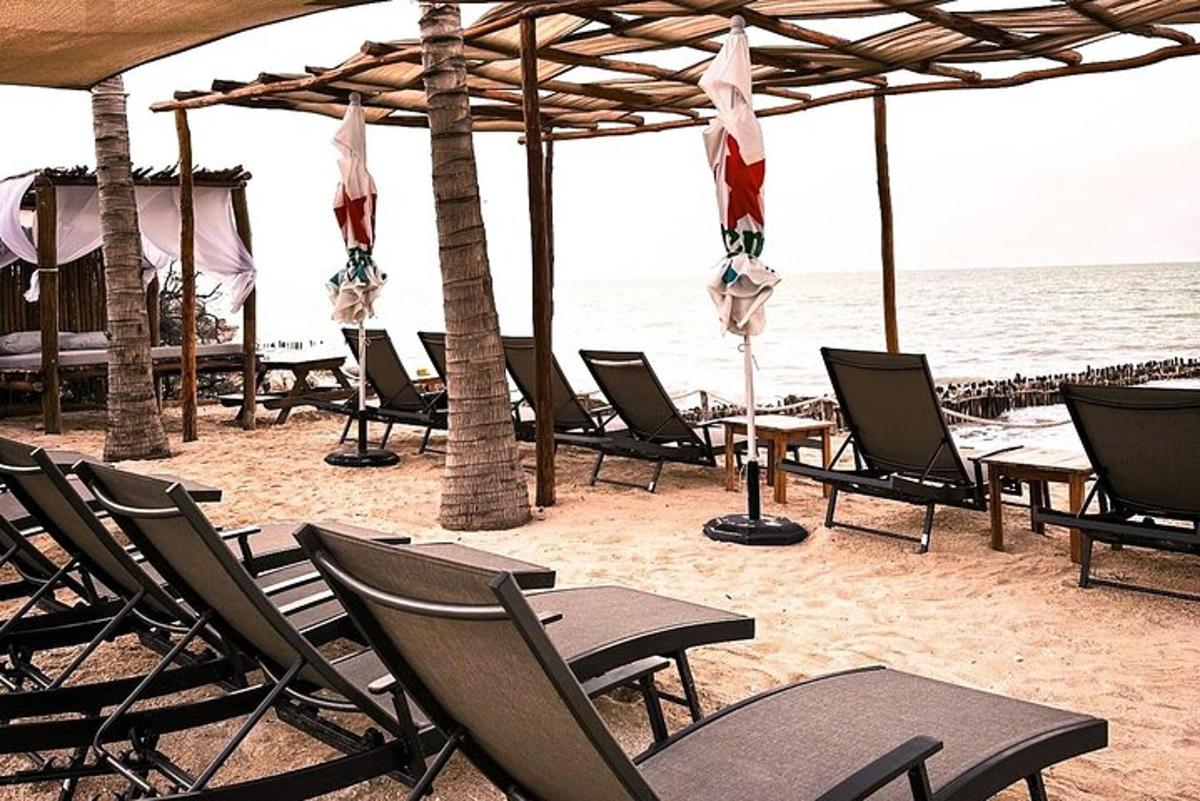 a group of chairs and tables on the beach