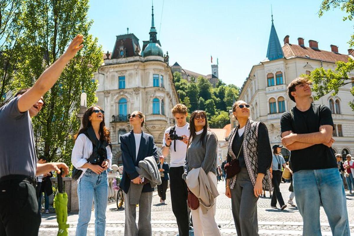 a group of people standing in front of a building