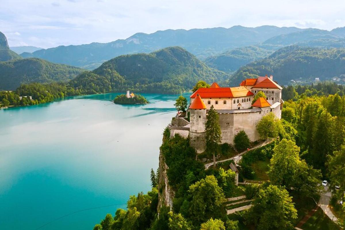 a castle on a island in the middle of a lake