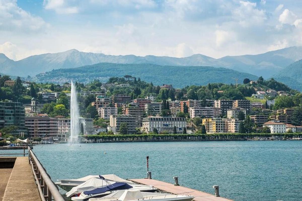 湖景、城市和喷泉