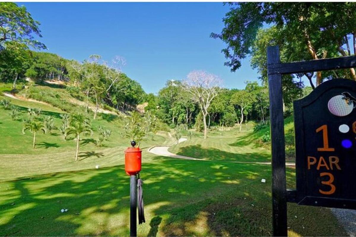a golf course with a par sign and a golf ball