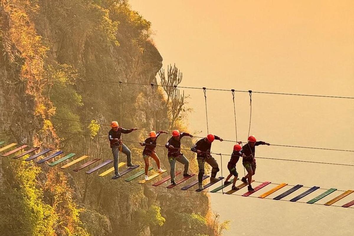 a group of men walking across a bridge