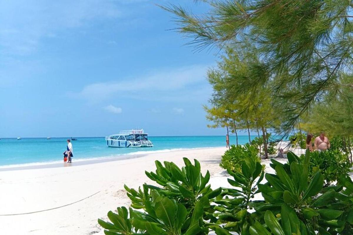 a white sandy beach with a boat in the water