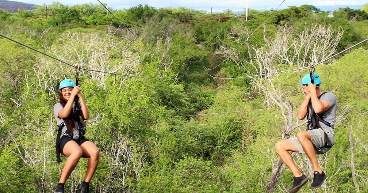 two people are riding on the zip line