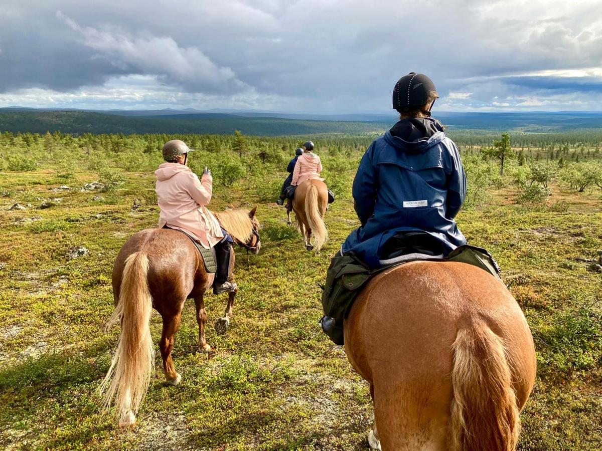a group of people riding horses in a field