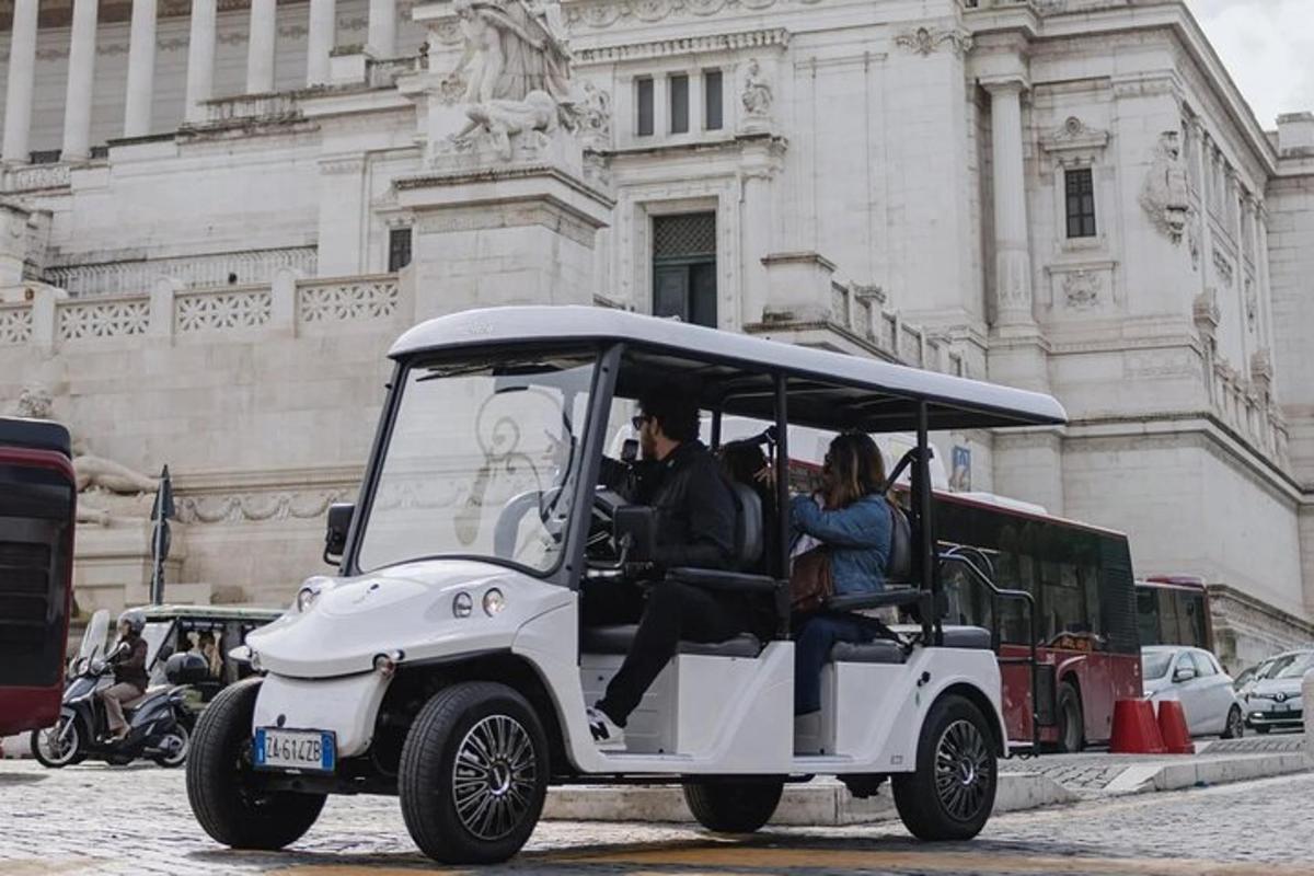 a group of people riding a golf cart