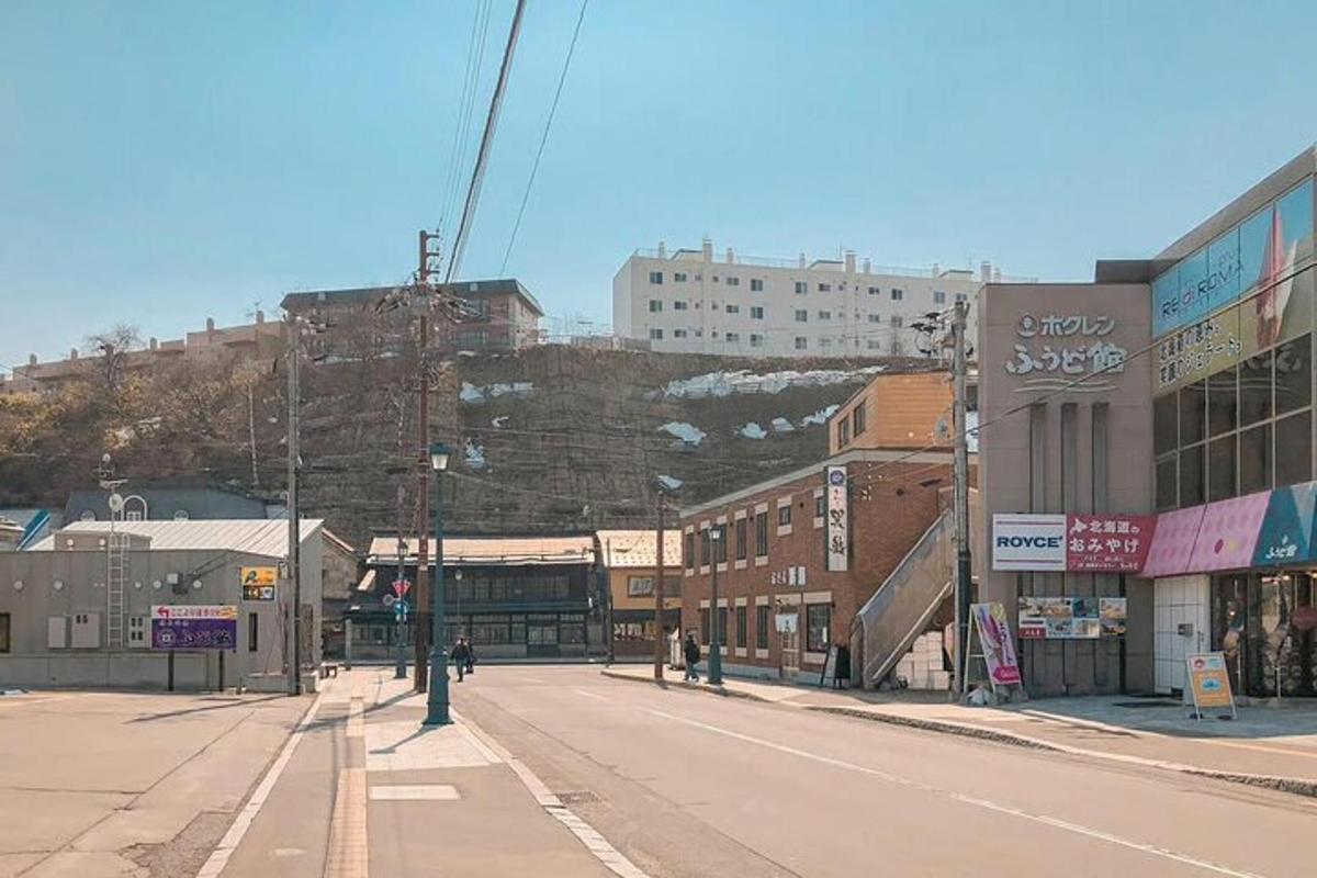 an empty city street with buildings and a mountain