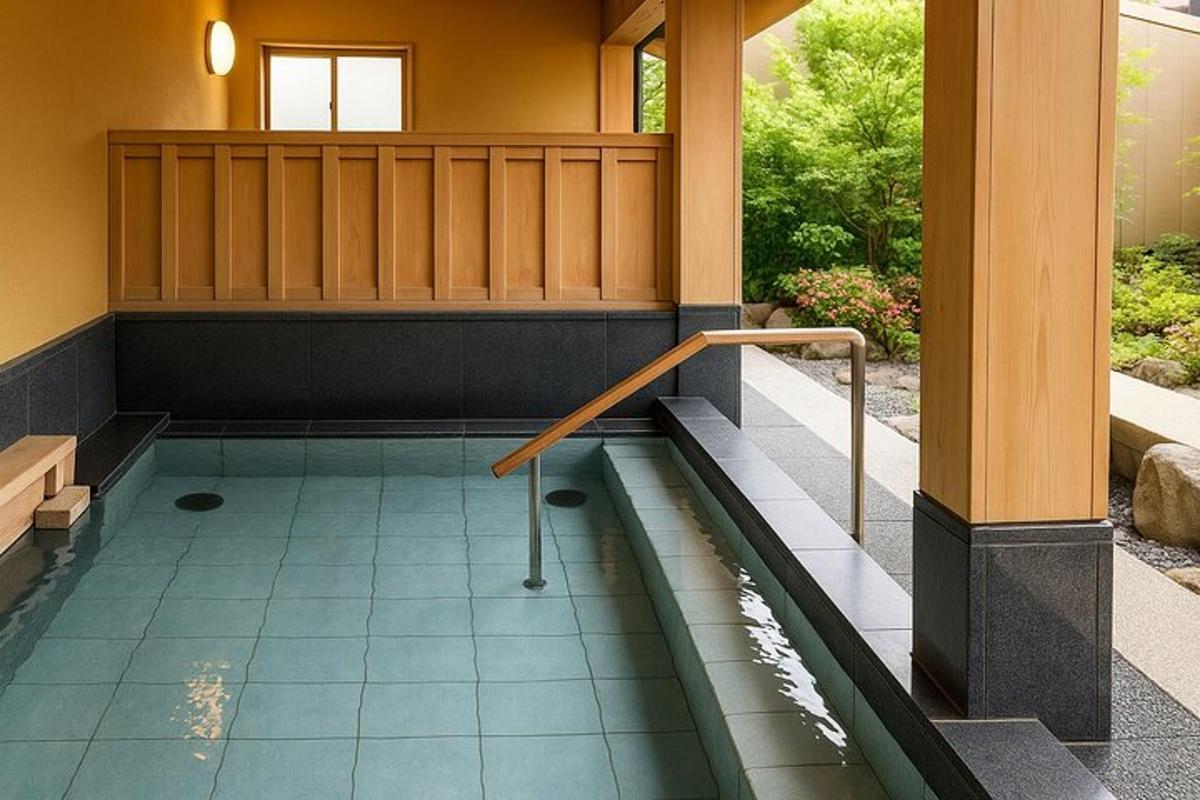 a small swimming pool in a house with a bathtub