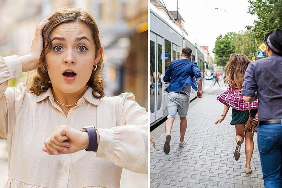 一位女士指着她的手表，人们走在街上