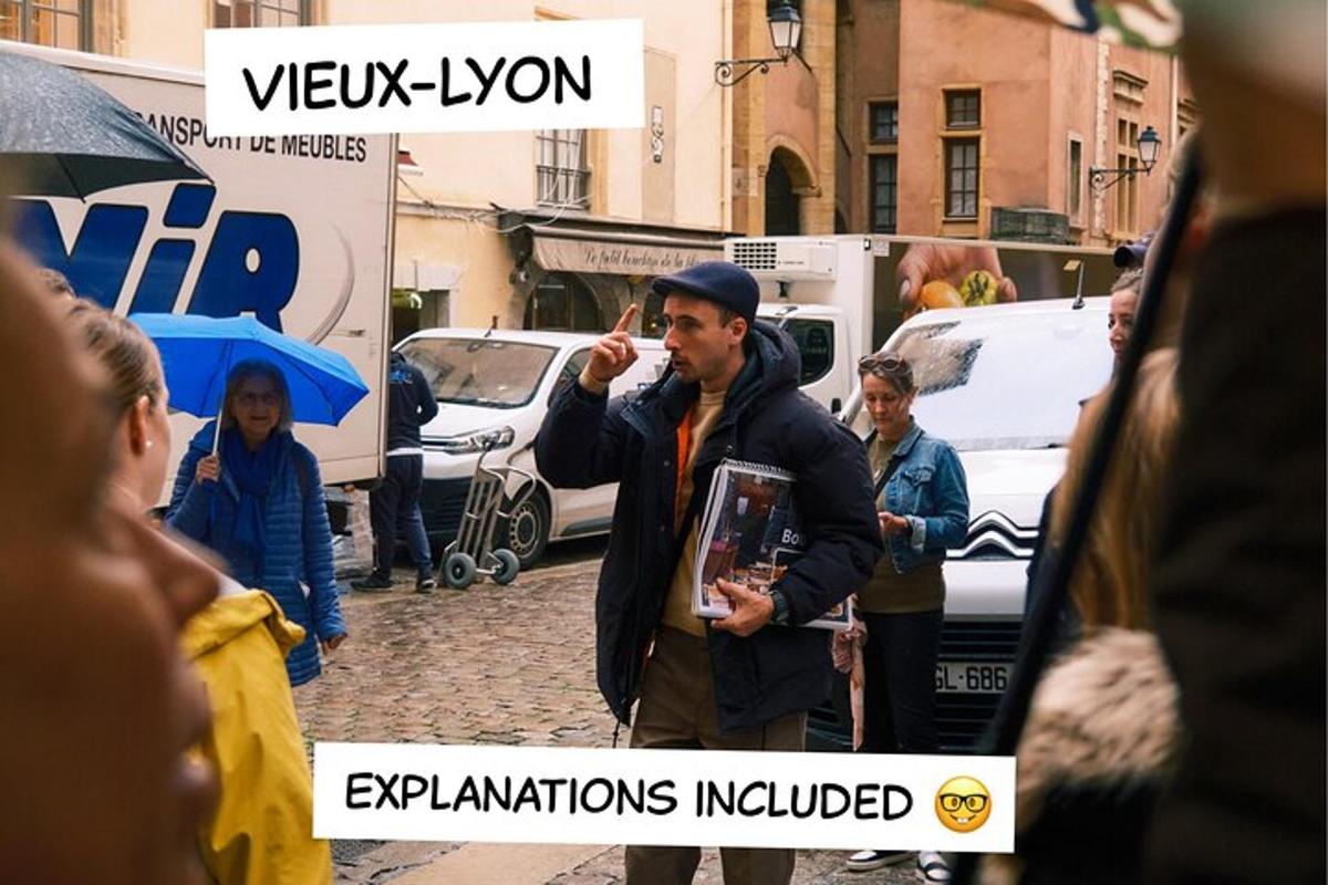 a man standing on a street with a crowd of people