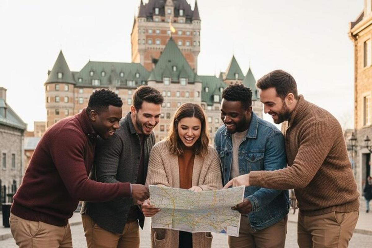 a group of people looking at a map
