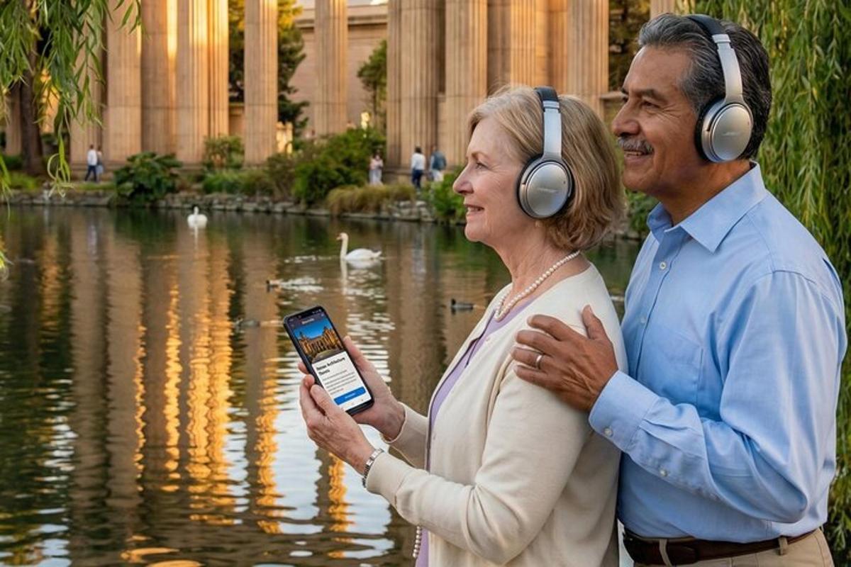 a man and a woman with headphones and a cell phone