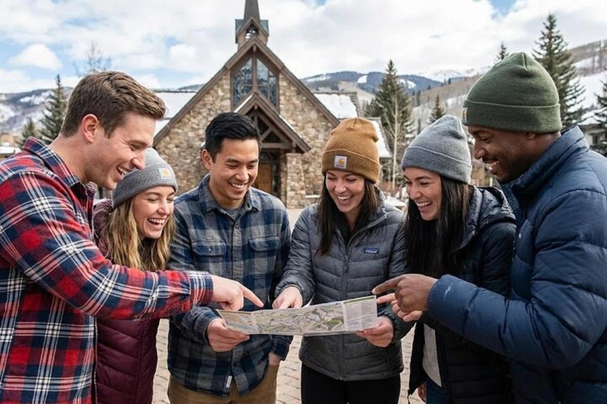 a group of people looking at a map