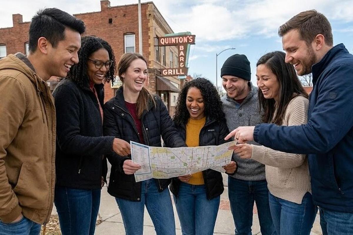 a group of people looking at a map