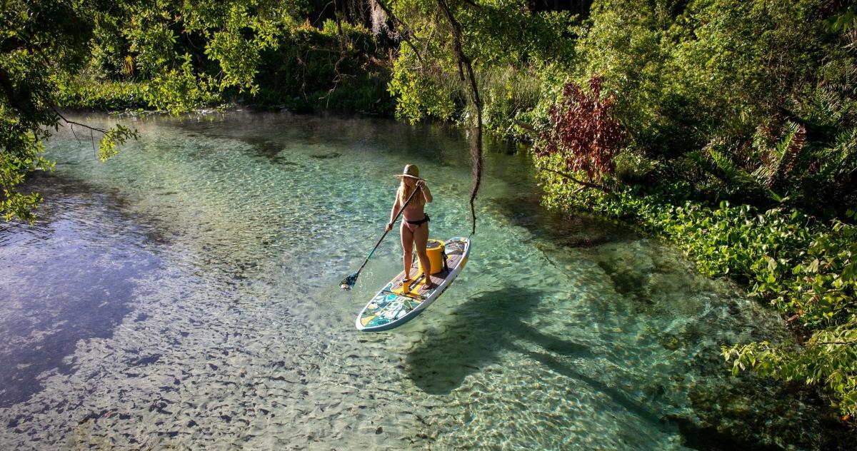 a woman on a paddle board in the water