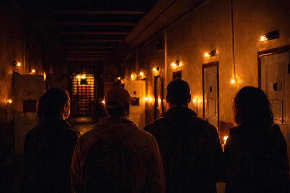 a group of people standing in a dark room