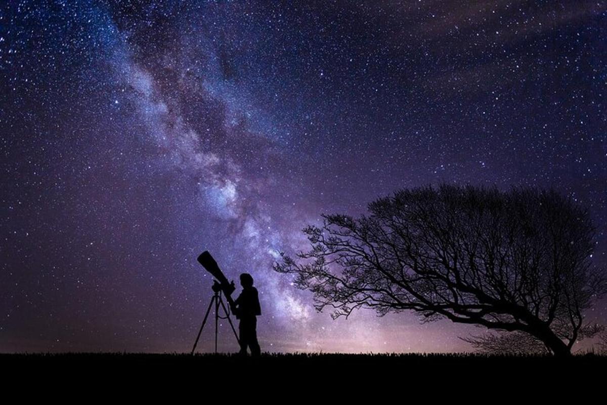 a man standing in front of a telescope next to a tree