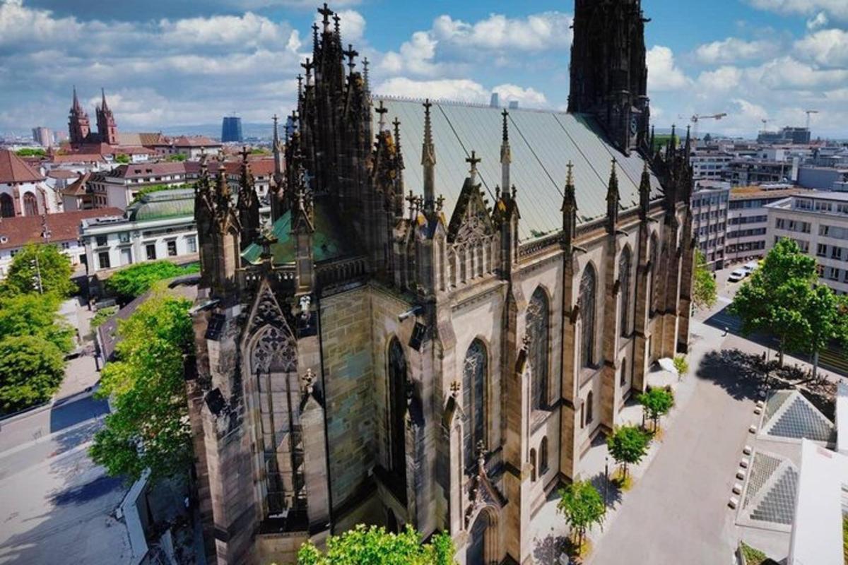 an old church with a view of a city