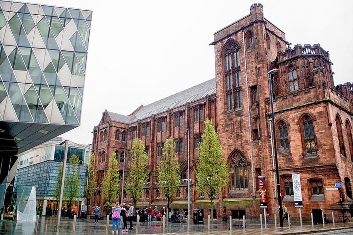 a large brick building with people standing in front of it