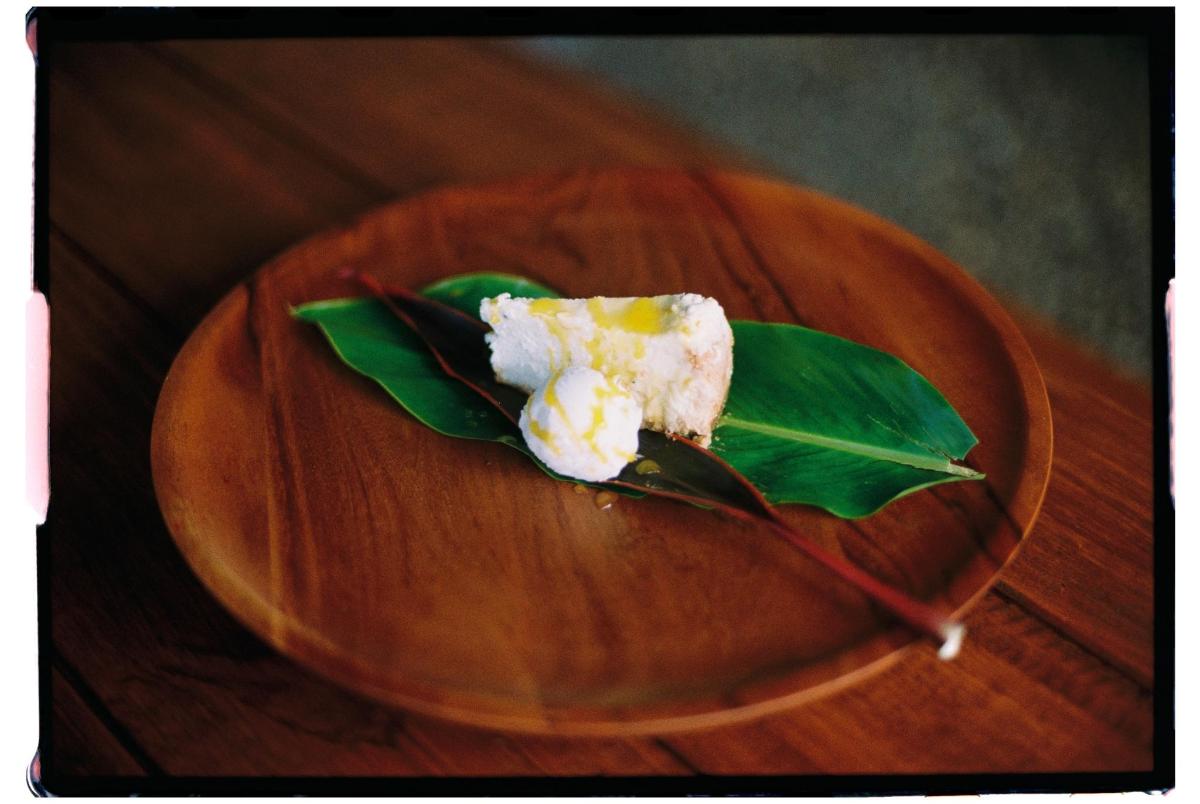 a brown plate with a piece of food on it