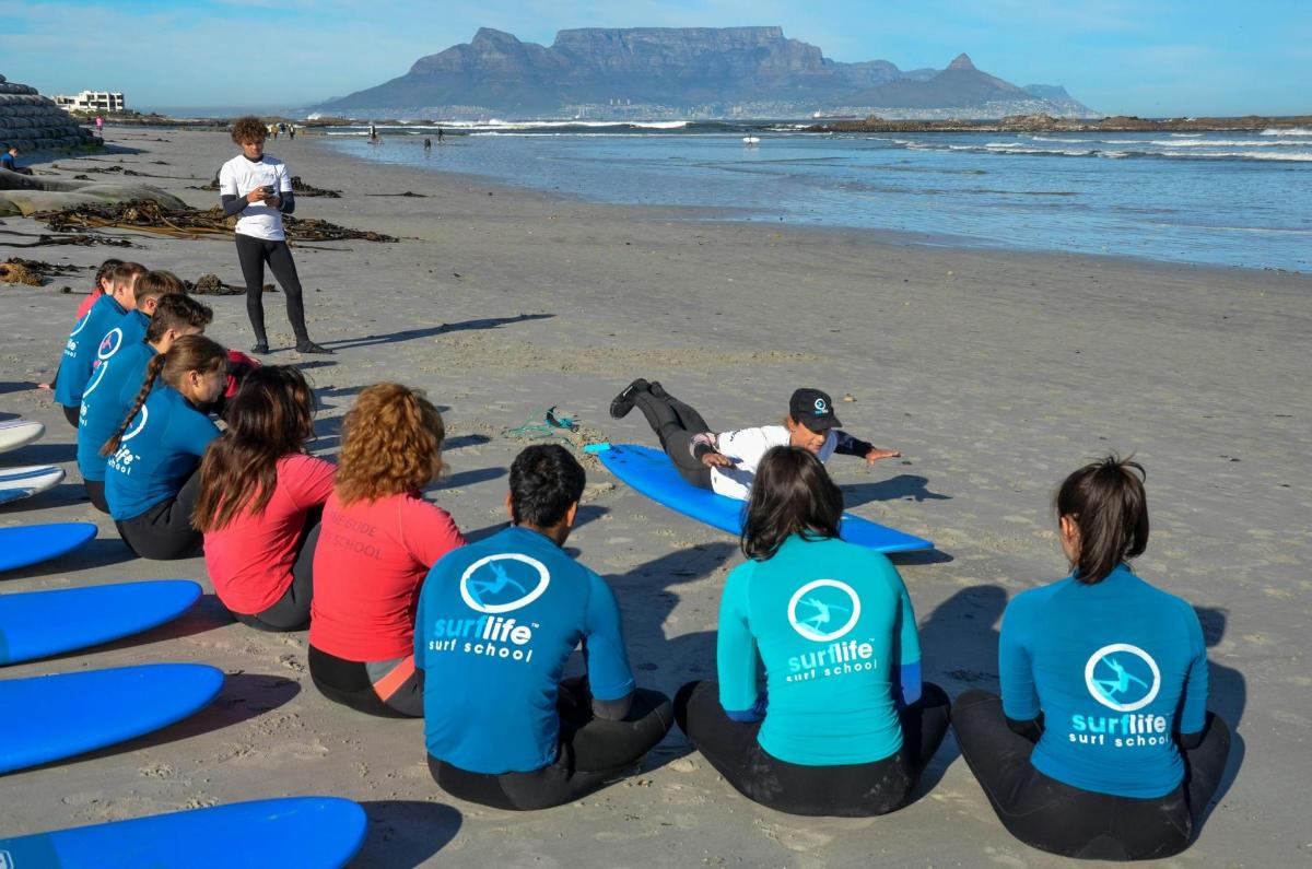 a group of people sitting on the beach with surfboards