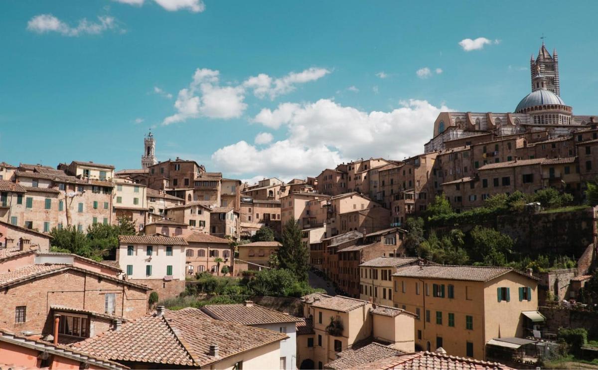 a group of buildings on a hill with a city
