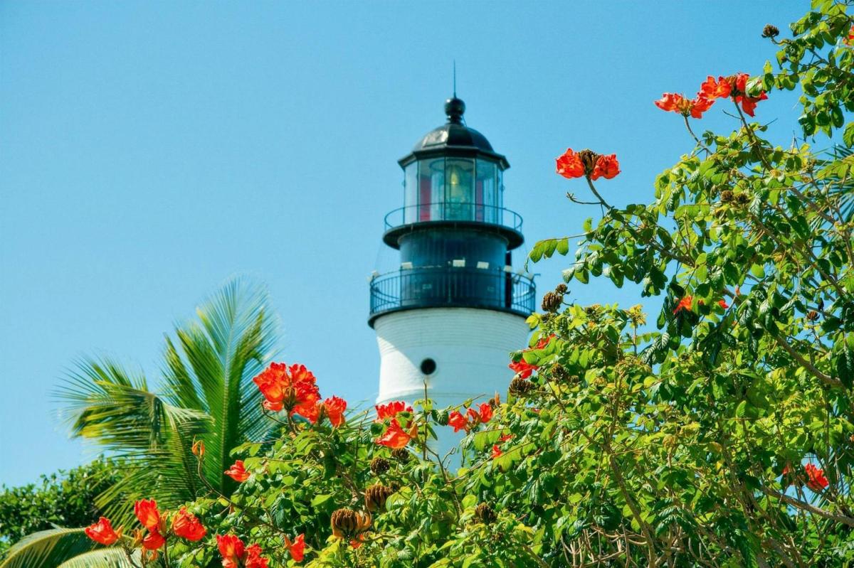 a lighthouse with red flowers in front of it