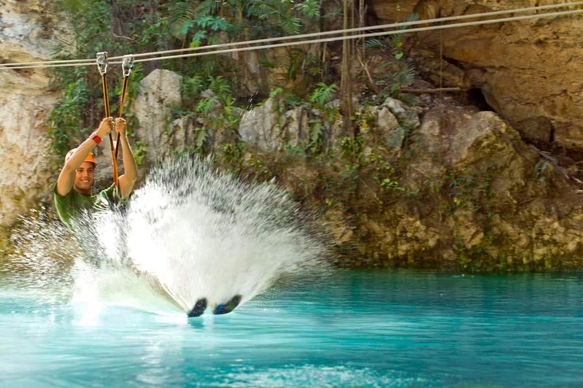 a person on a rope in the water with a dolphin