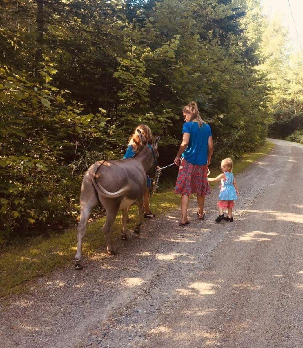 two women and a child walking a horse down a road