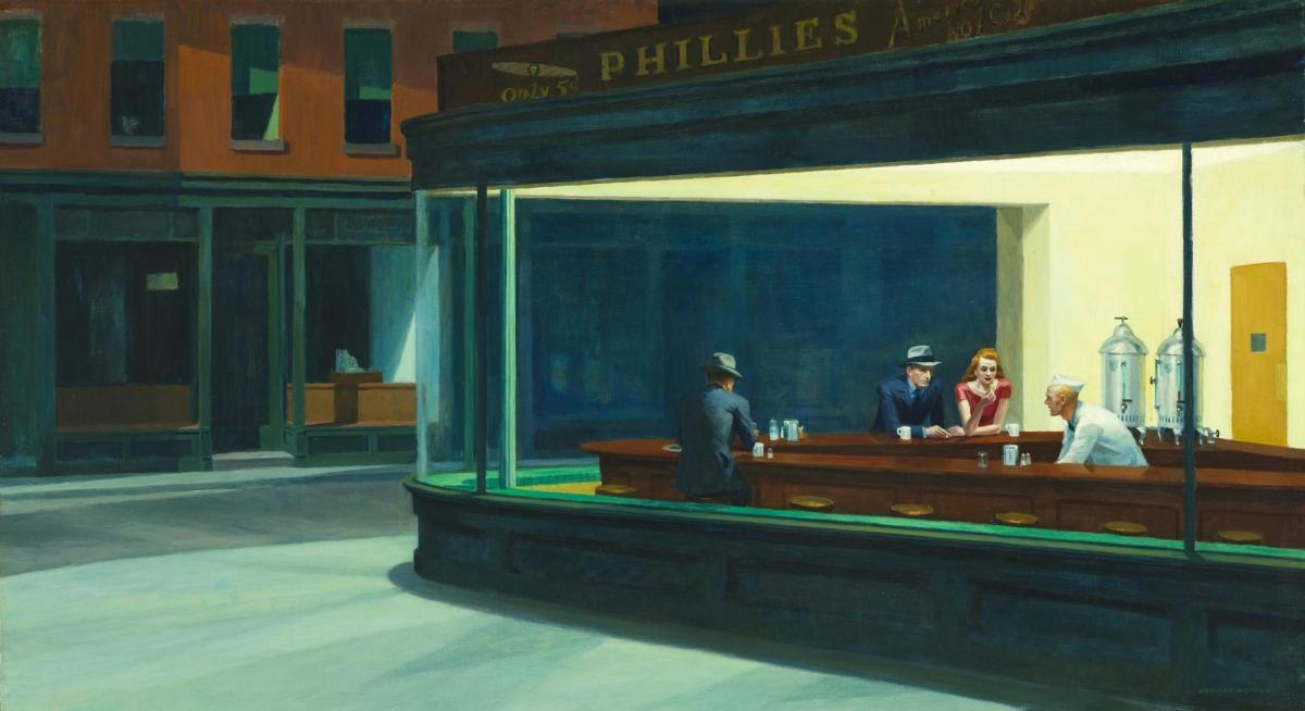 a painting of people sitting at a bar in a building