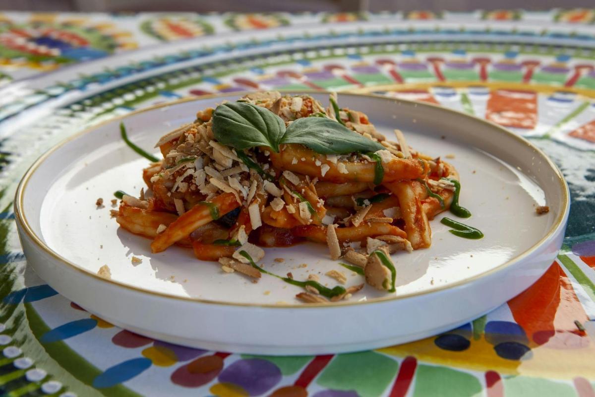 a white plate of food on a table